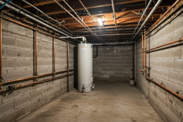 A utility room featuring a water tank surrounded by copper pipes is presented. The room, characterized by concrete block walls and a concrete floor, creates an industrial aesthetic. The copper pipes trace along the walls and connect to the tank, contrasting against the gray of the concrete. The scene is lit to showcase the space, ideal for themes related to home maintenance, infrastructure, or basic services. The visual setting suggests a practical, utilitarian area dedicated to essential home systems.